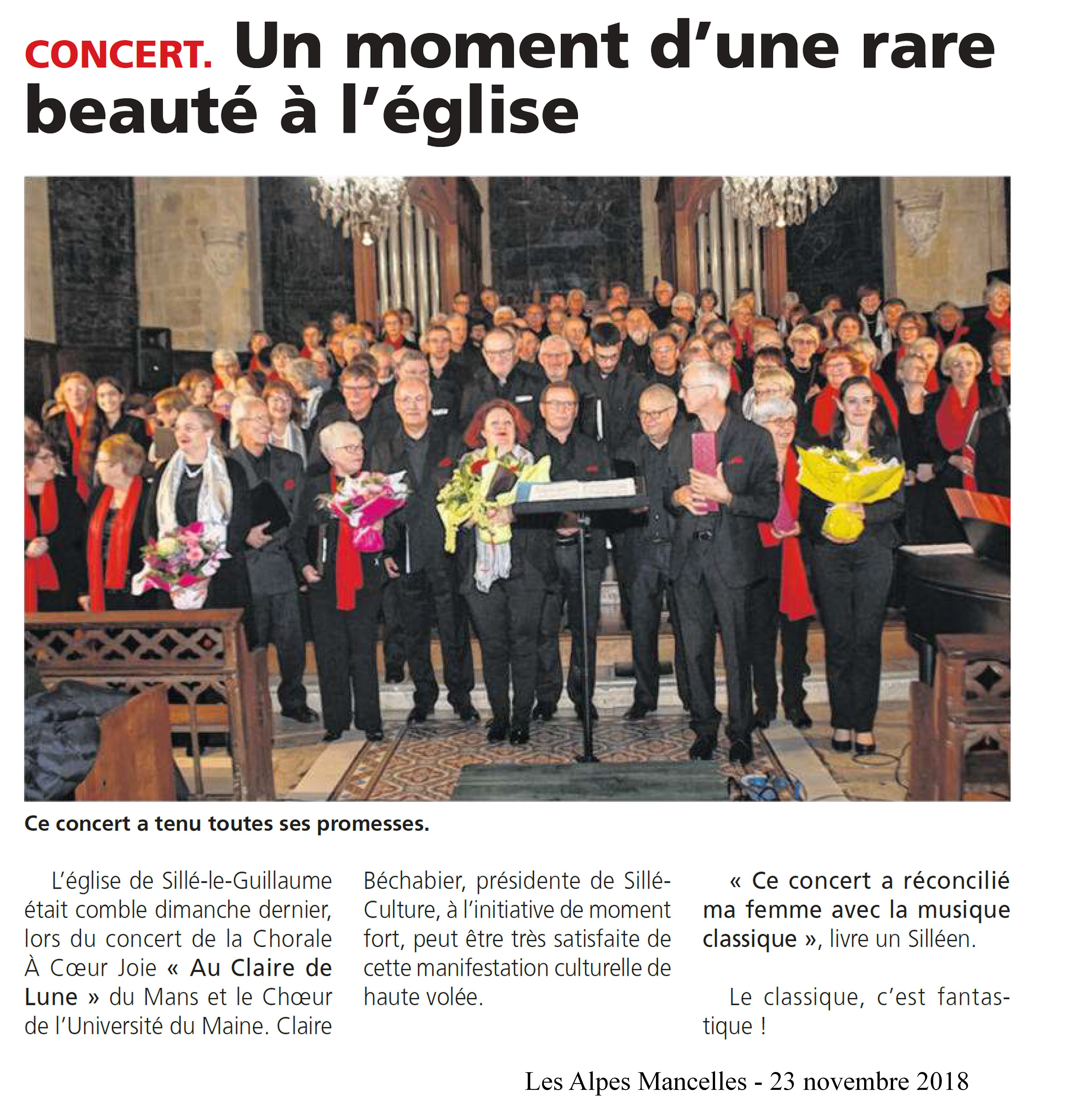 Article du journal des Alpes Mancelles sur le concert À Cœur Joie du 18 novembre 2018 à Sillé-le-Guillaume