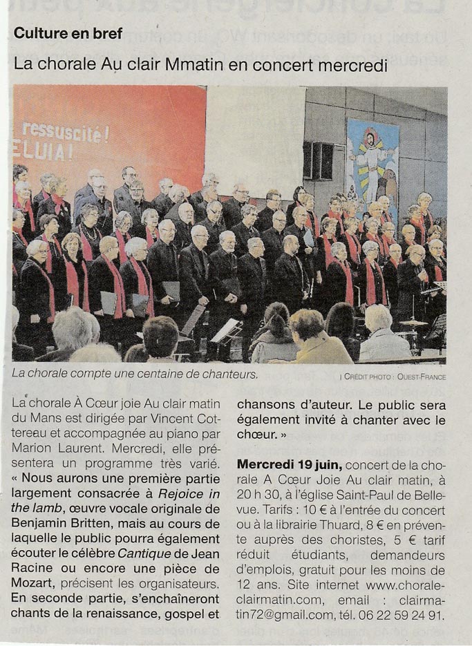 Article de Ouest-France sur le concert de juin 2019