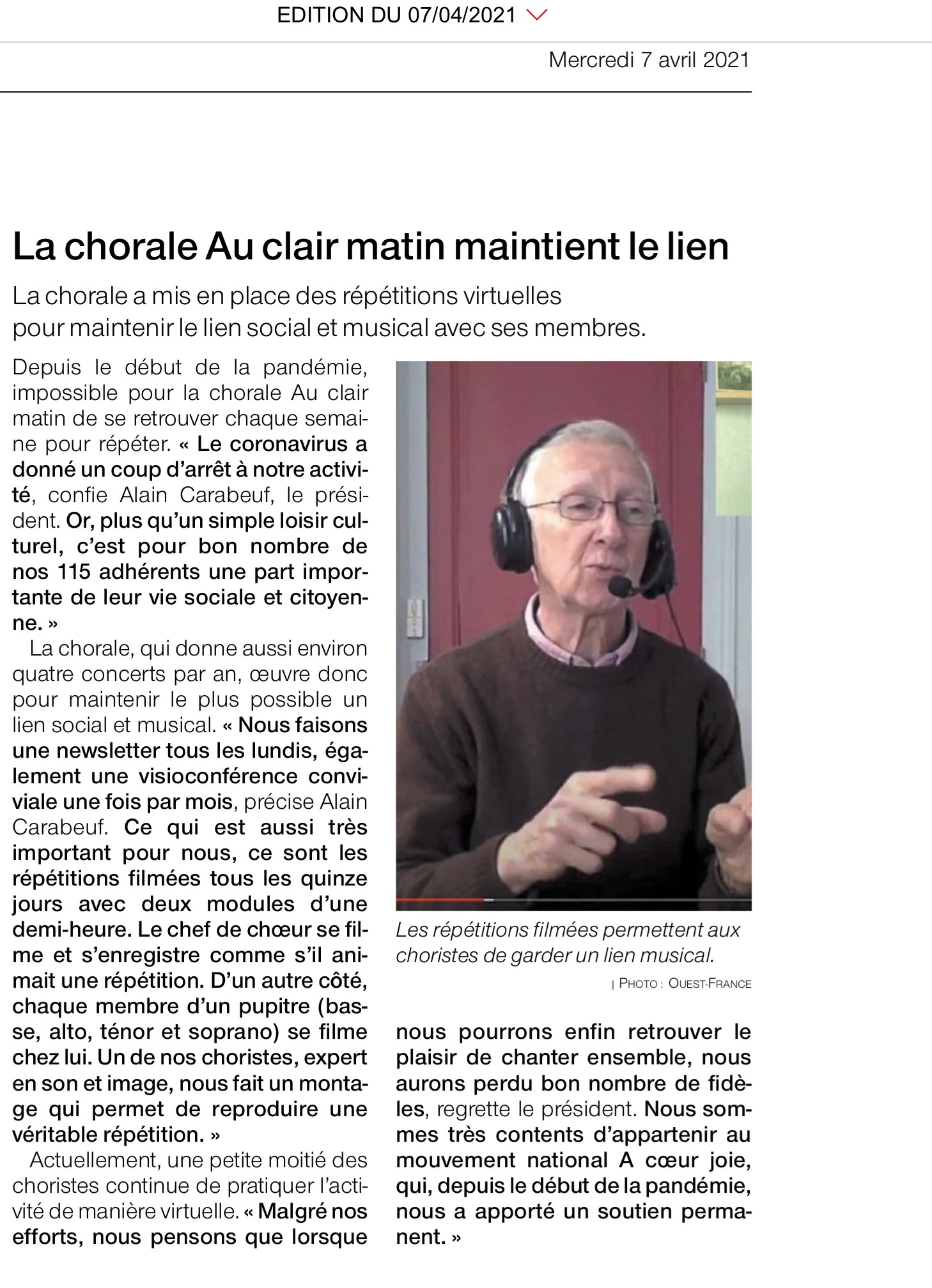 Article de presse consacré à la chorale, 2021