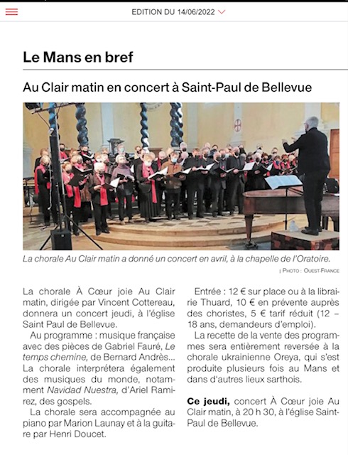 Article de presse sur le concert de juin 2022
