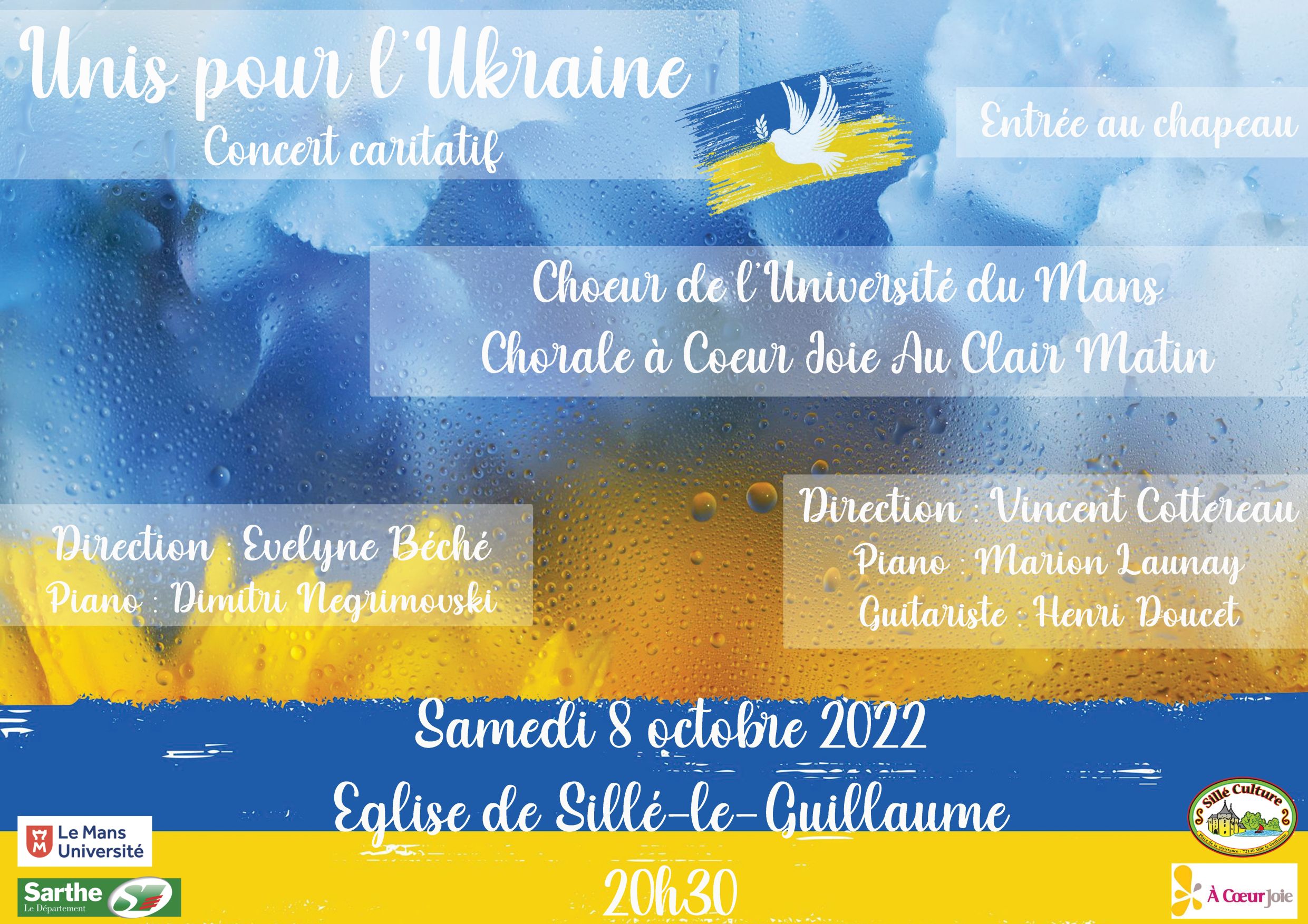Affiche du concert du 8 octobre 2022 à Sillé-le-Guillaume, avec le chœur de l'université du Mans, au profit de l'Ukraine