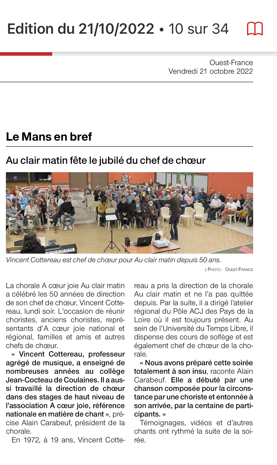Article de presse annonçant le concert d'octobre 2022
