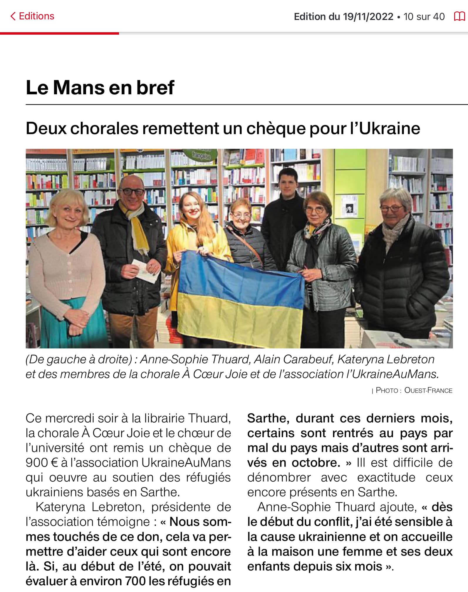 Article de Ouest-France sur le concert de soutien à l'Ukraine, novembre 2022