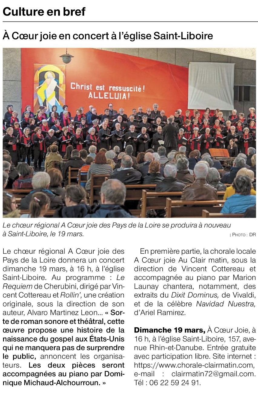 Article de Ouest-France consacré à la chorale, mars 2023