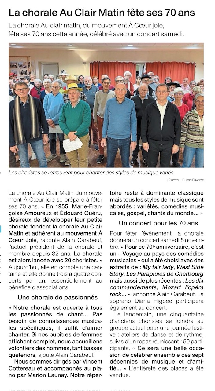Article de presse consacré à la chorale, novembre 2025
